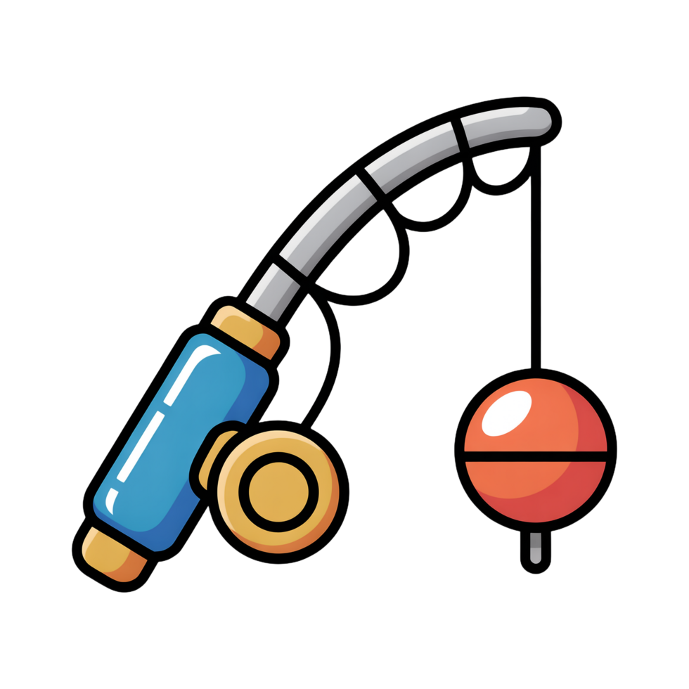 Detailed Fishing Rod Icon with Orange Float and Blue Handle on Transparent Background png