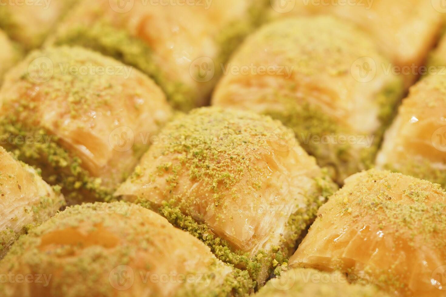 Delicious baklava with pistachio topping ready to enjoy photo