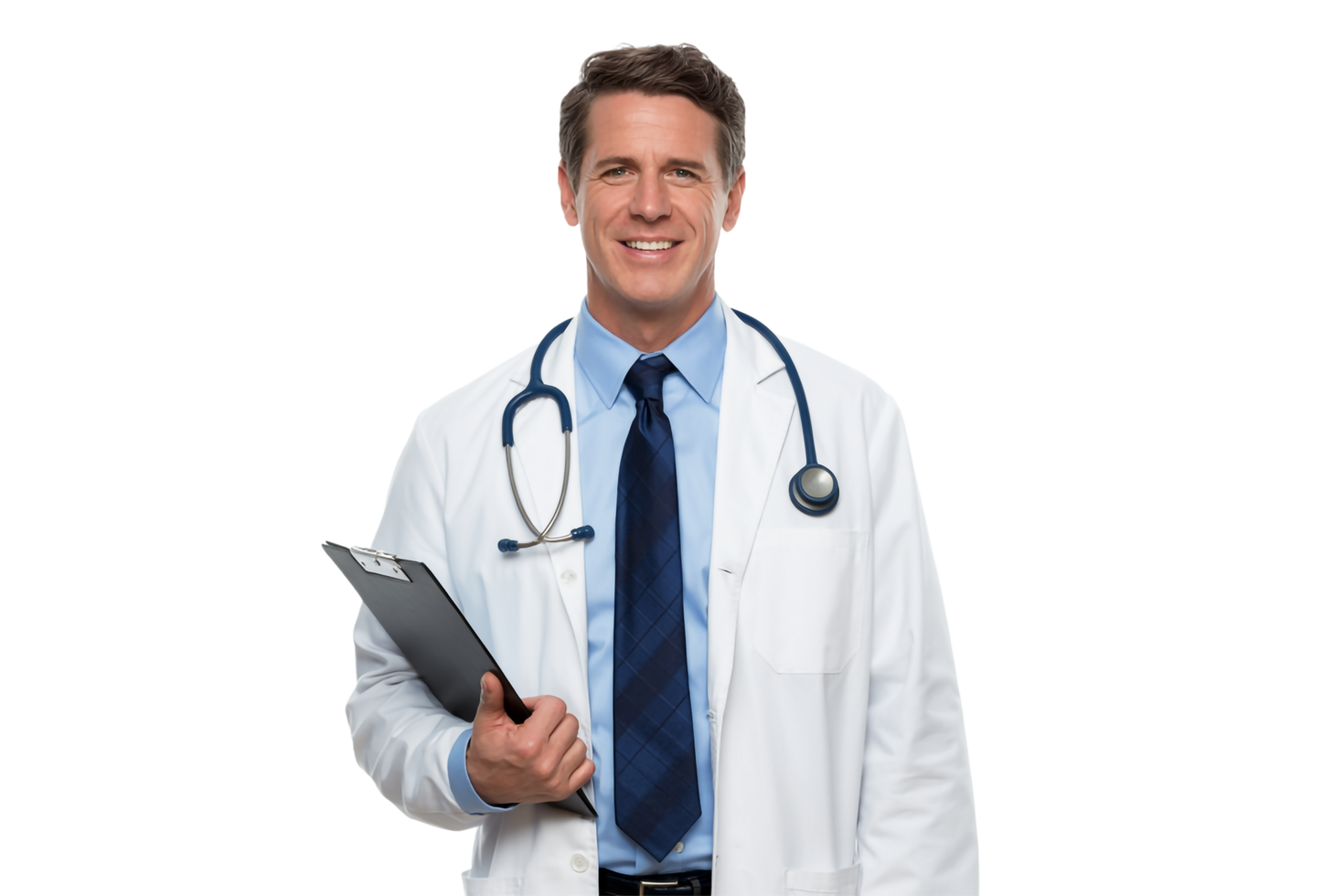 Smiling Male Doctor Holds Clipboard with Stethoscope Isolated on Transparent Background png