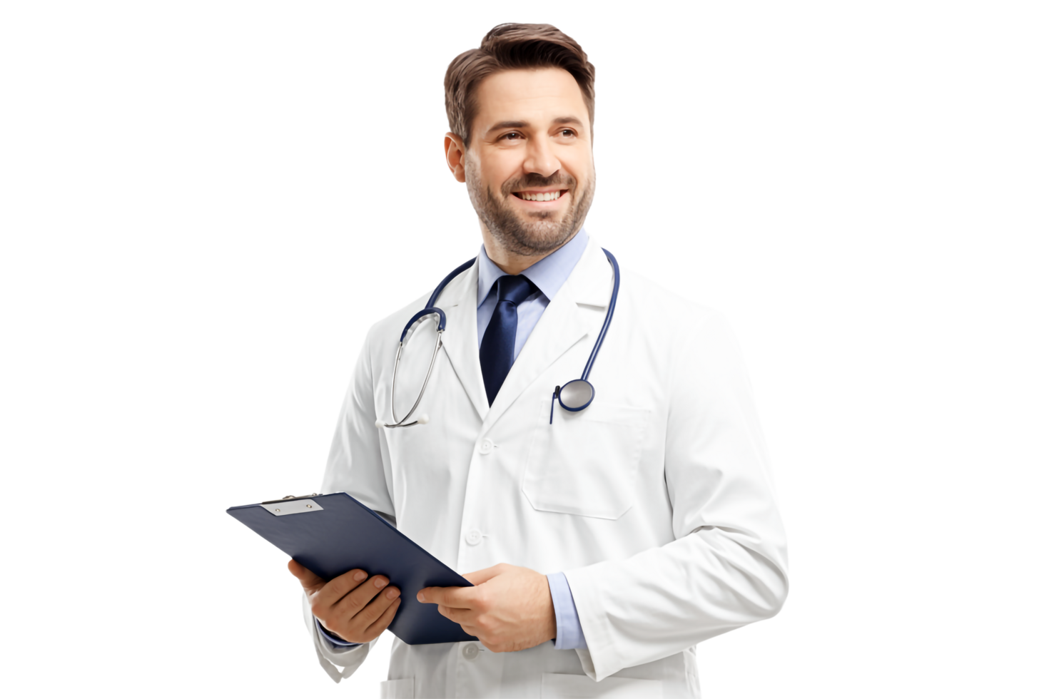 Smiling Caucasian Doctor with Stethoscope Holding Clipboard on Transparent Background png