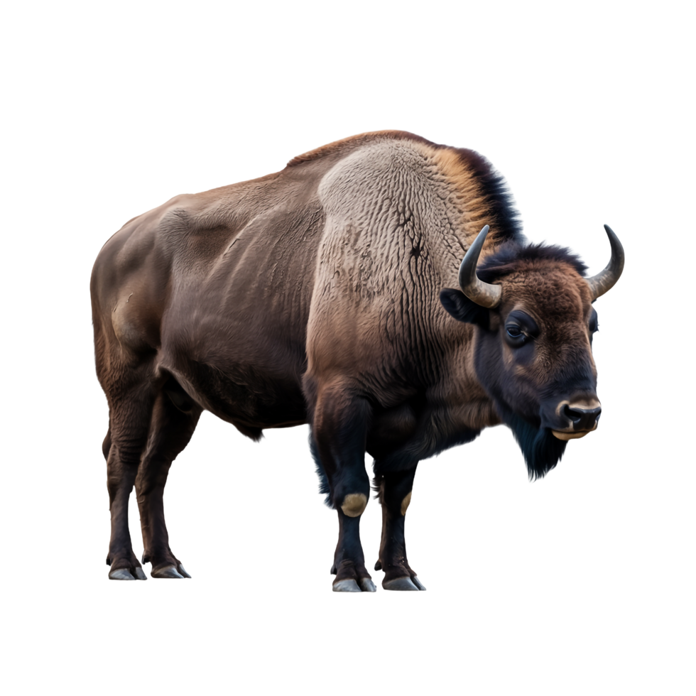 Majestic American Bison with Shaggy Fur on Transparent Background, Horns, Brown Coat png