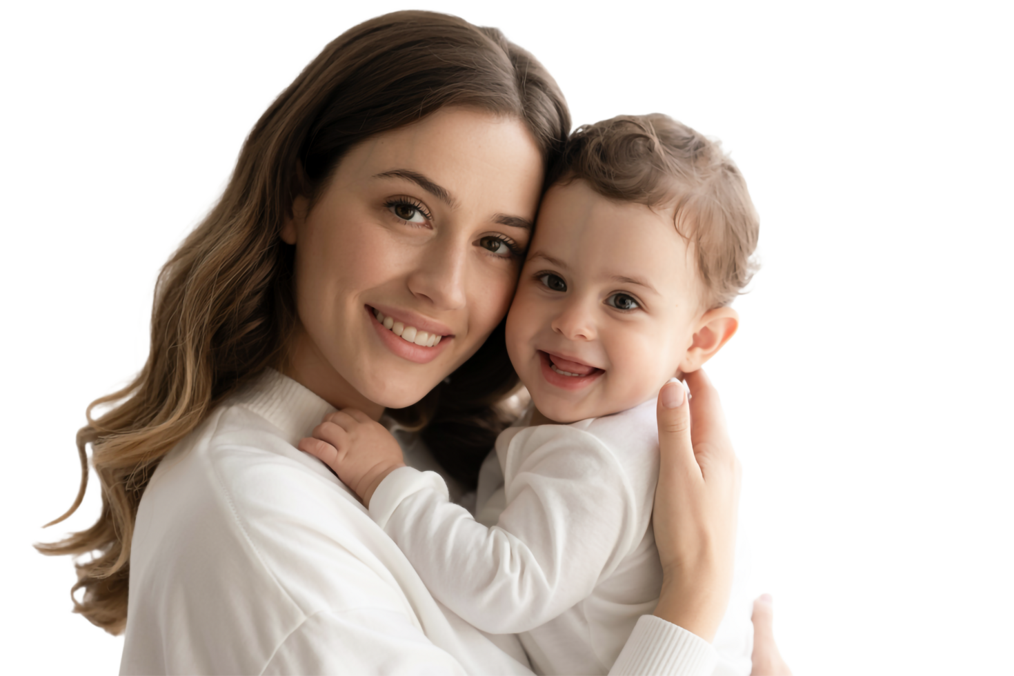 Smiling Mother Holds Happy Baby Isolated on Transparent Background Portrait png