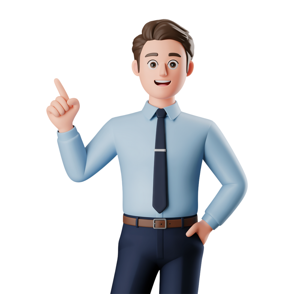 3D Cartoon Man Explaining with Finger Pointing Up on Transparent Background png