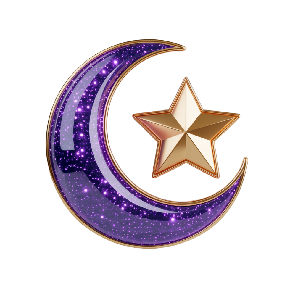 Shiny Golden Star with Purple Crescent Moon on Transparent Background, Ramadan Design png