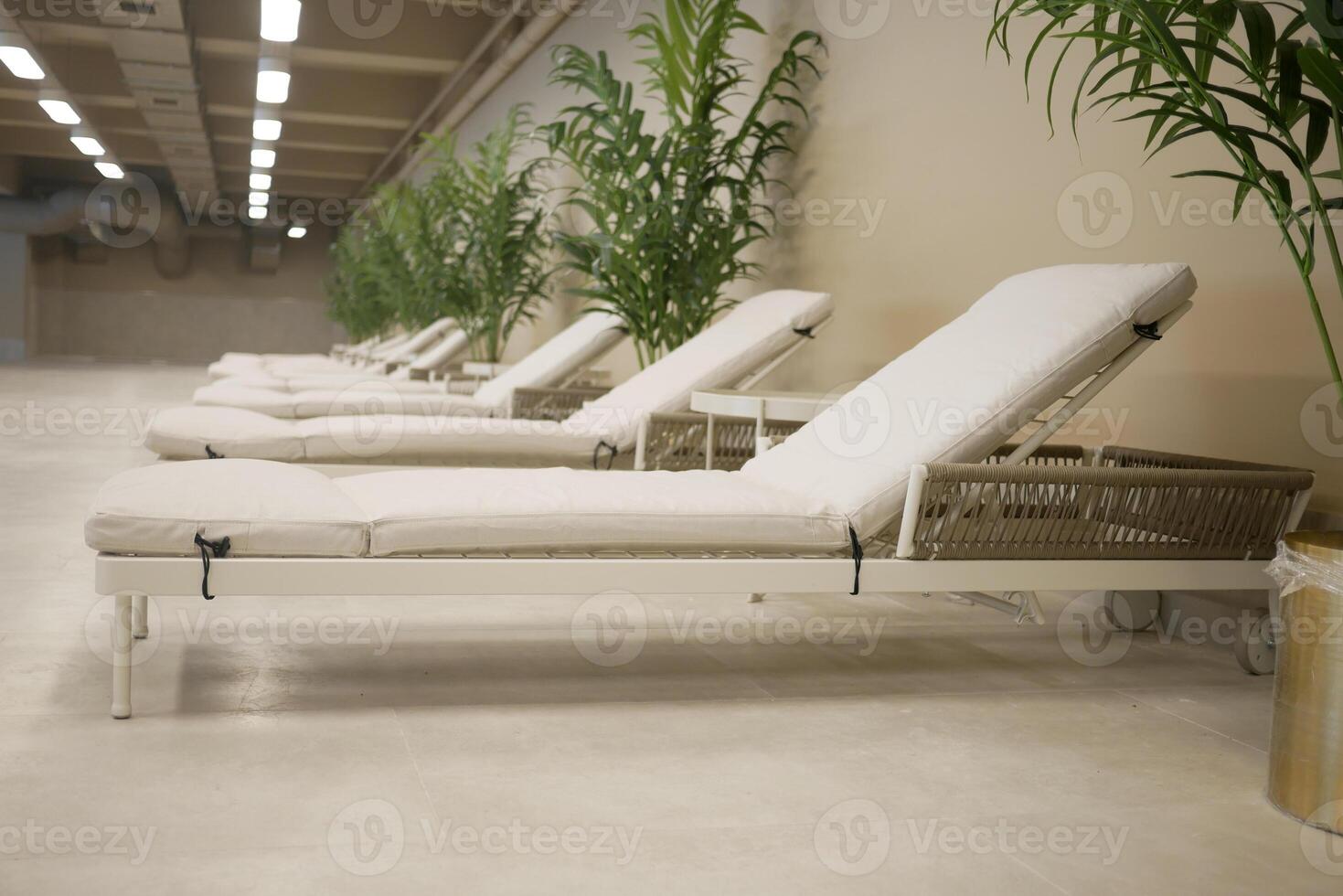 Relaxation loungers in a serene indoor space photo