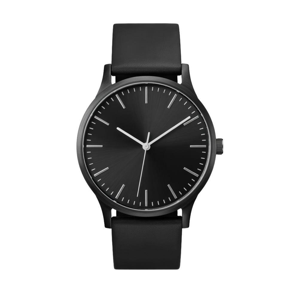Front View of Stylish All Black Wristwatch with Leather Band on Transparent Background png