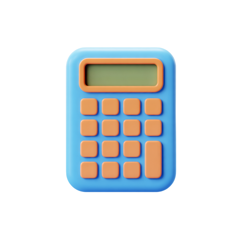 Blue Calculator with Orange Buttons and Green Display on Transparent Background png