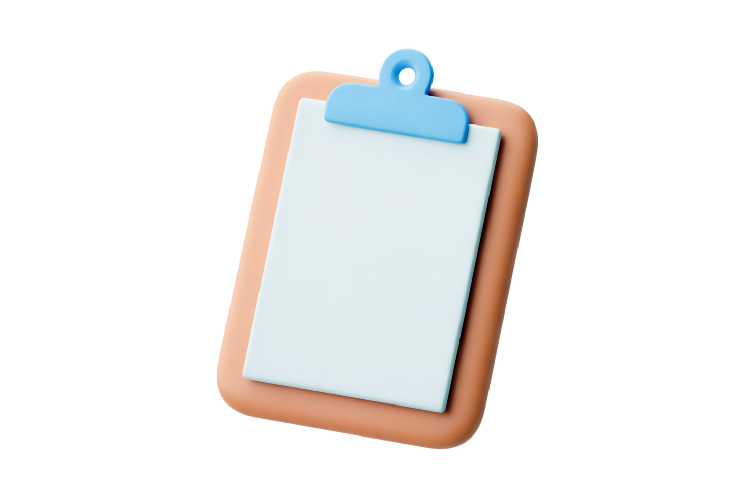 3D Rendering of Clipboard with Paper, Blue Clip, Peach on Transparent Background png