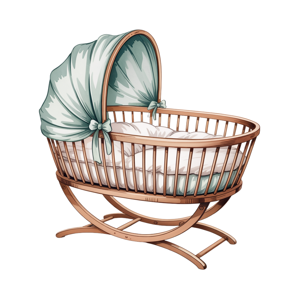 Classic Wooden Baby Bassinet with Canopy and White Mattress on Transparent png