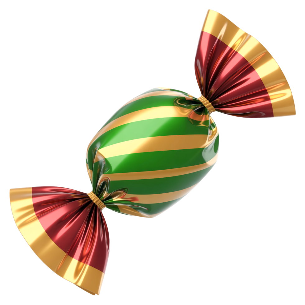 Glossy Candy with Green and Gold Stripes, Red and Gold Wrappers on Transparent Background png
