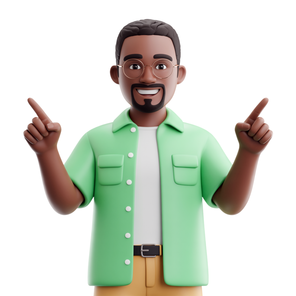 Cheerful 3D Cartoon African Man with Glasses Pointing Upwards on Transparent Background png