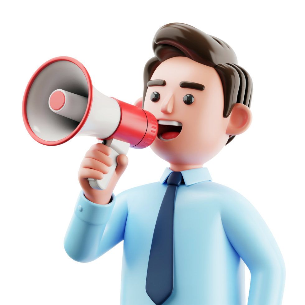 3D Cartoon Man Announcing with Megaphone on Transparent Background, Business Communication png