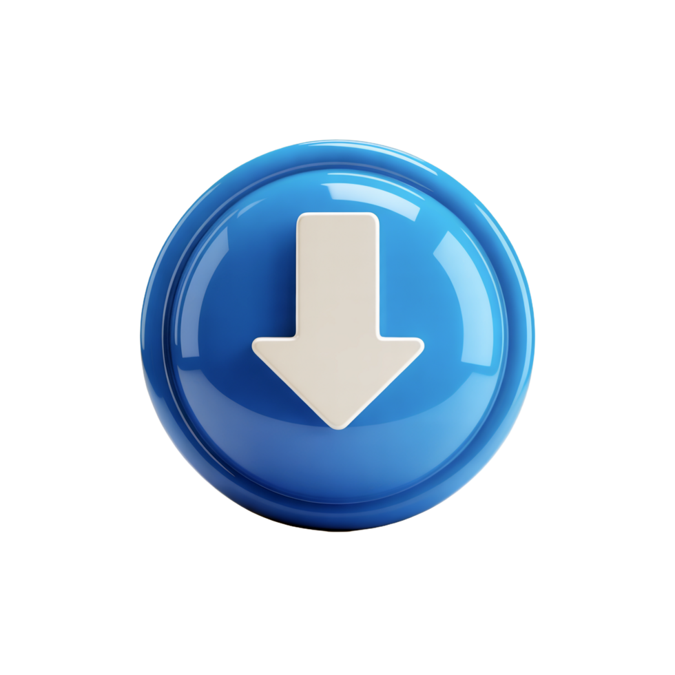 Glossy Blue Round Button with White Down Arrow on Transparent Background 3D Render png