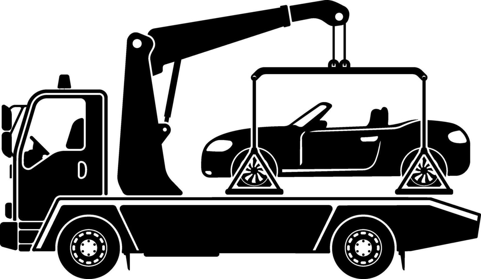 Black tow truck sign with a car on the platform or simple towing symbol without background. Suitable for parking restriction or vehicle evacuation themes. vector