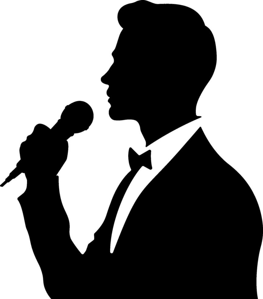 Silhouette of a man holding a microphone, ideal for themes like music, performance, podcasting, or public speaking vector
