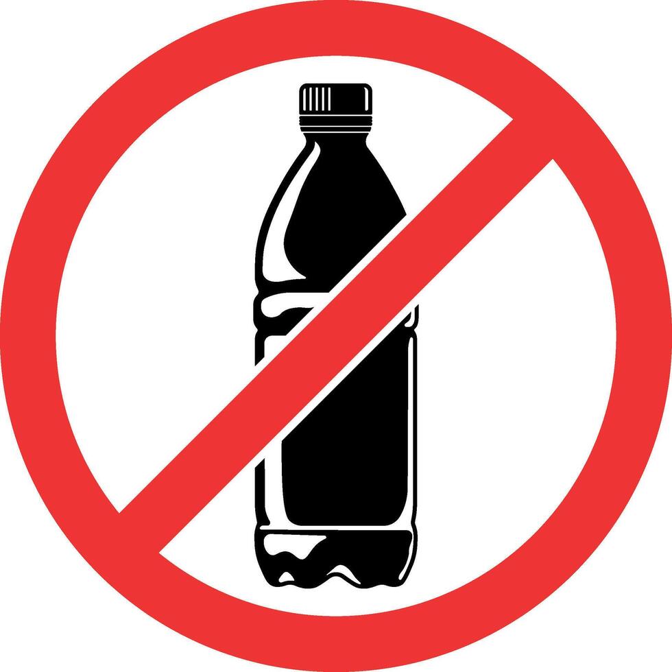 Prohibition sign with black bottle icon in a crossed-out circle without background. Symbol for no drinks allowed, suitable for public places, transport, or event rules. vector