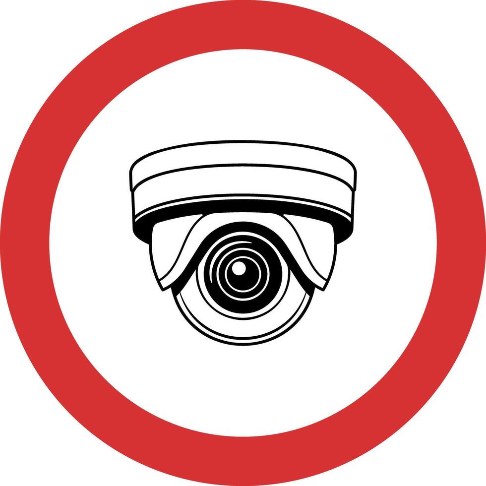 Black and white icon of a surveillance camera with red circular frame, indicating recording, without background vector