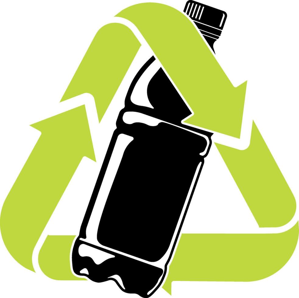 Bright plastic recycling icon with black bottle in green triangle without background. Symbol for waste sorting, eco-friendly packaging, and environmental awareness. vector
