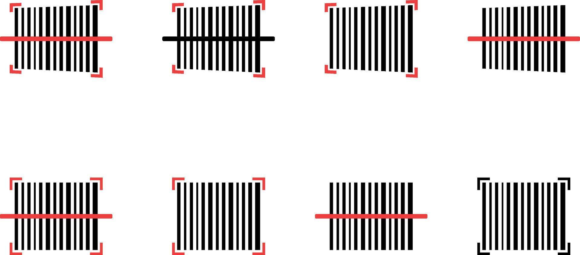 Set of black and red icons indicating barcode reading. Minimal flat design without background. Ideal for retail, inventory, and scanning applications. vector
