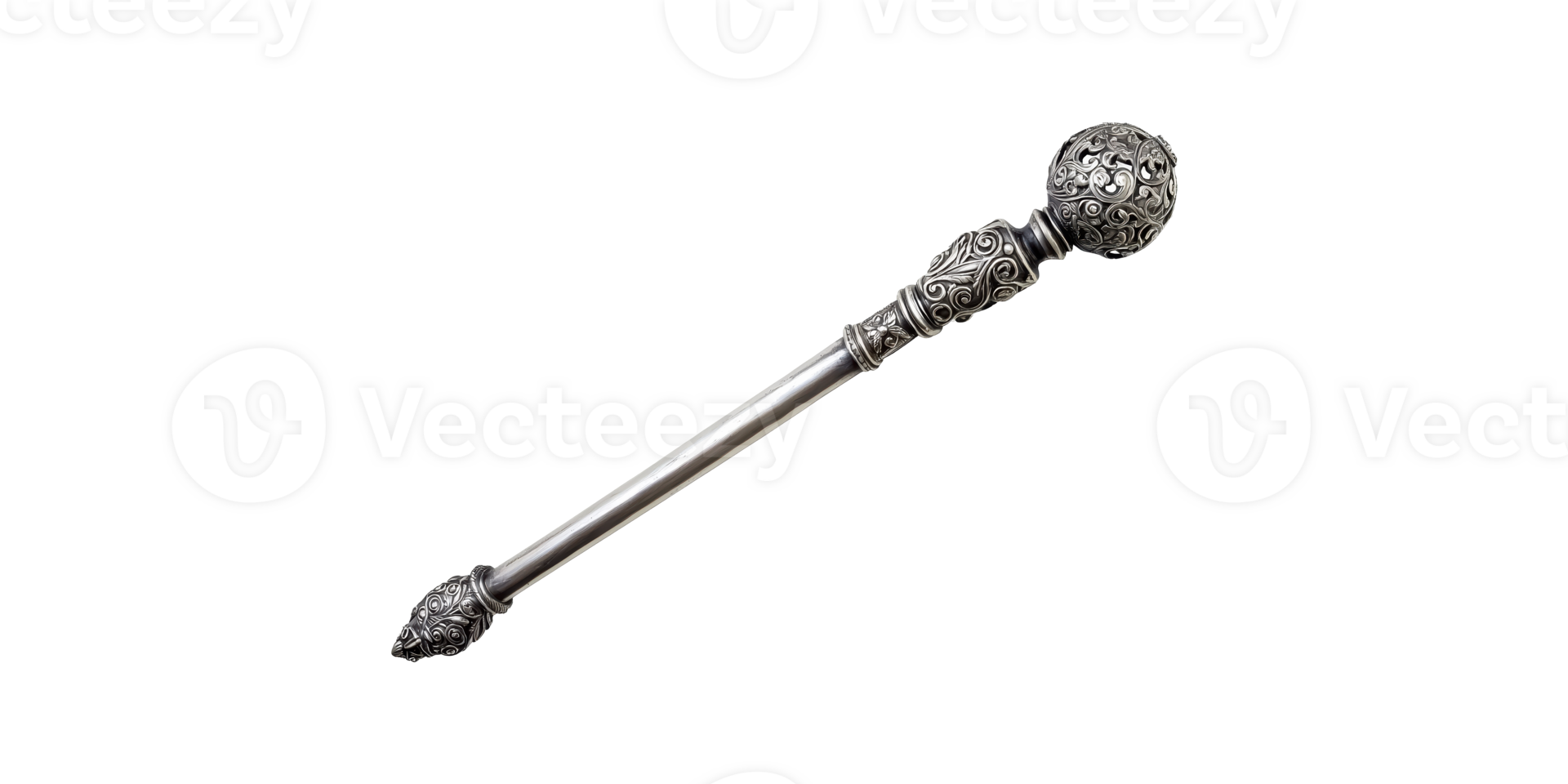 Ornate silver scepter with decorative patterns isolated on transparent background png