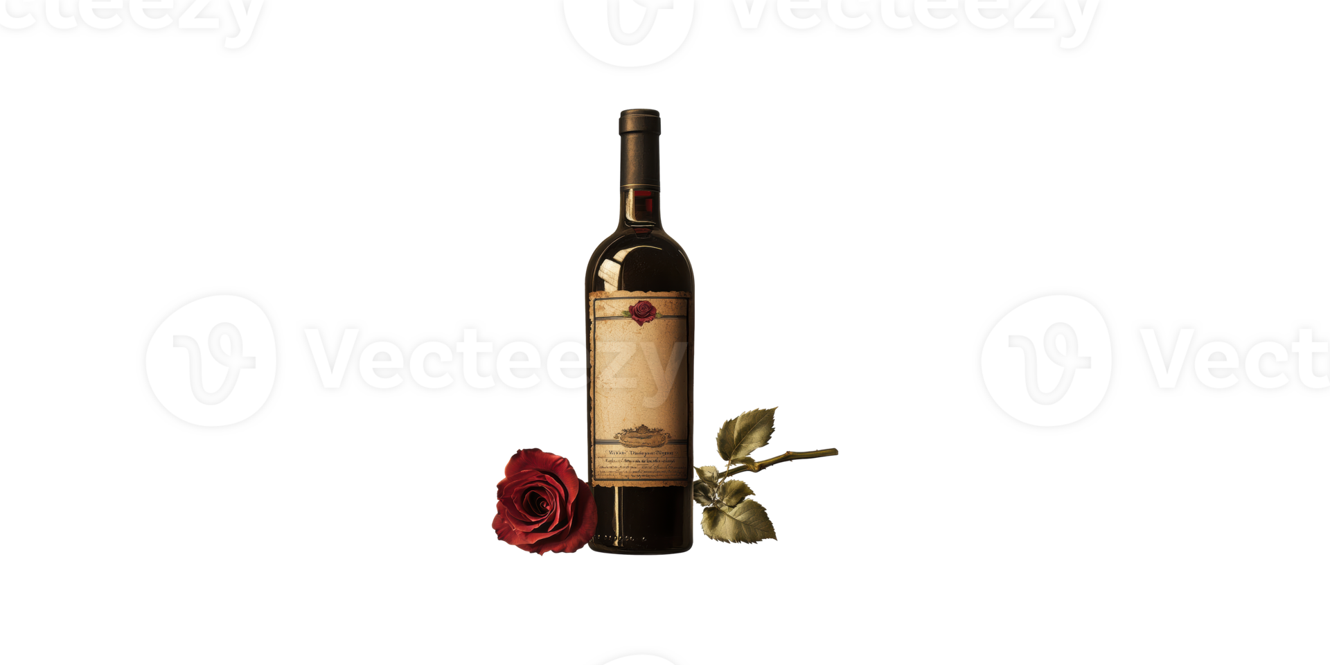 Wine bottle with red rose isolated on transparent background png