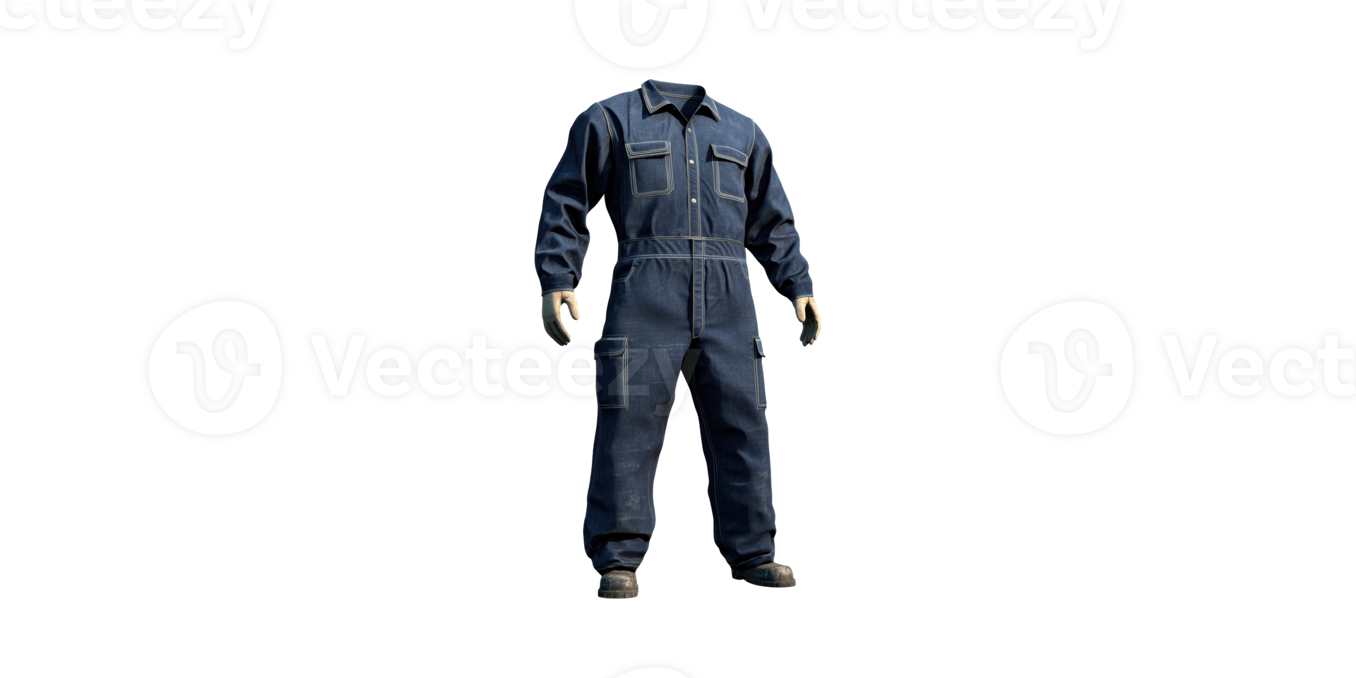 Blue denim coveralls with gloves and boots isolated on transparent background png