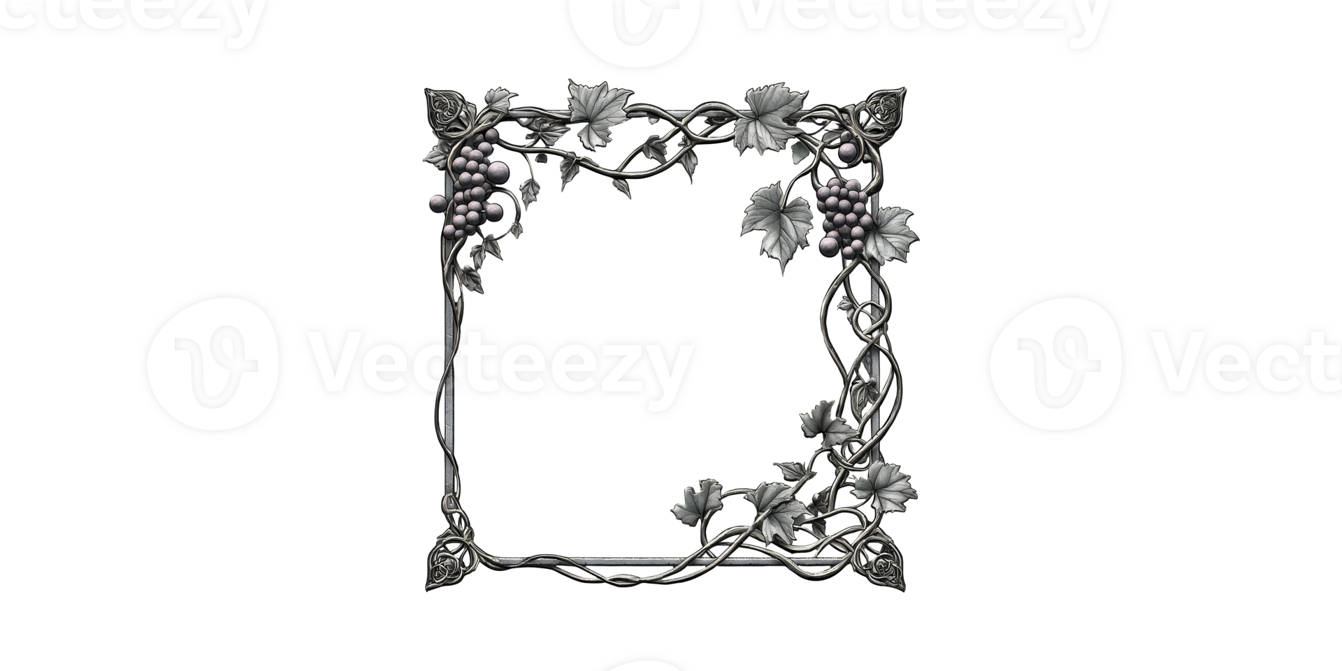 Ornate grapevine metal frame with leaves and berries isolated on transparent background png