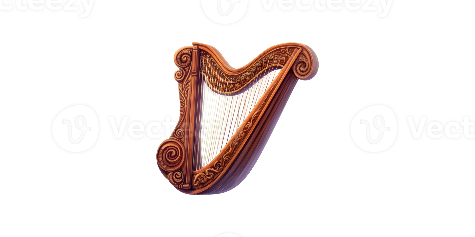 Wooden carved harp with strings isolated on transparent background png
