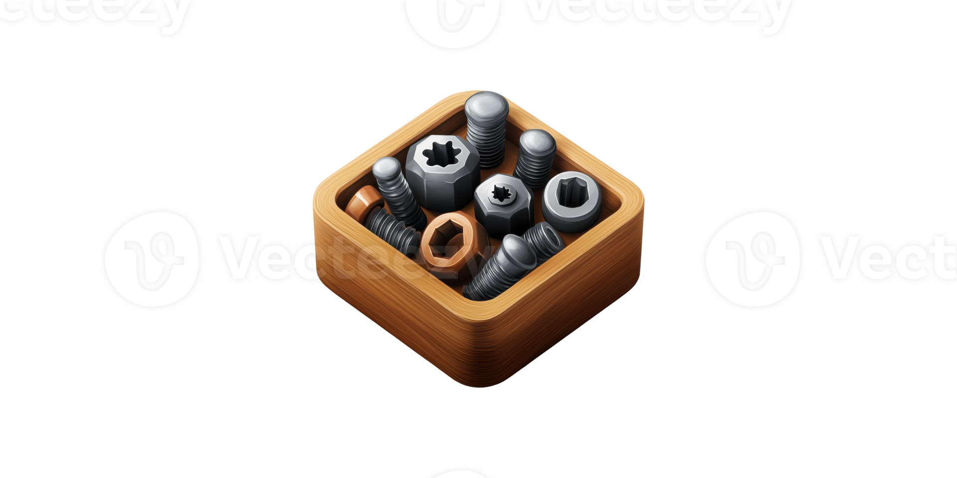 Set of various metal screws in wooden box isolated on transparent background png