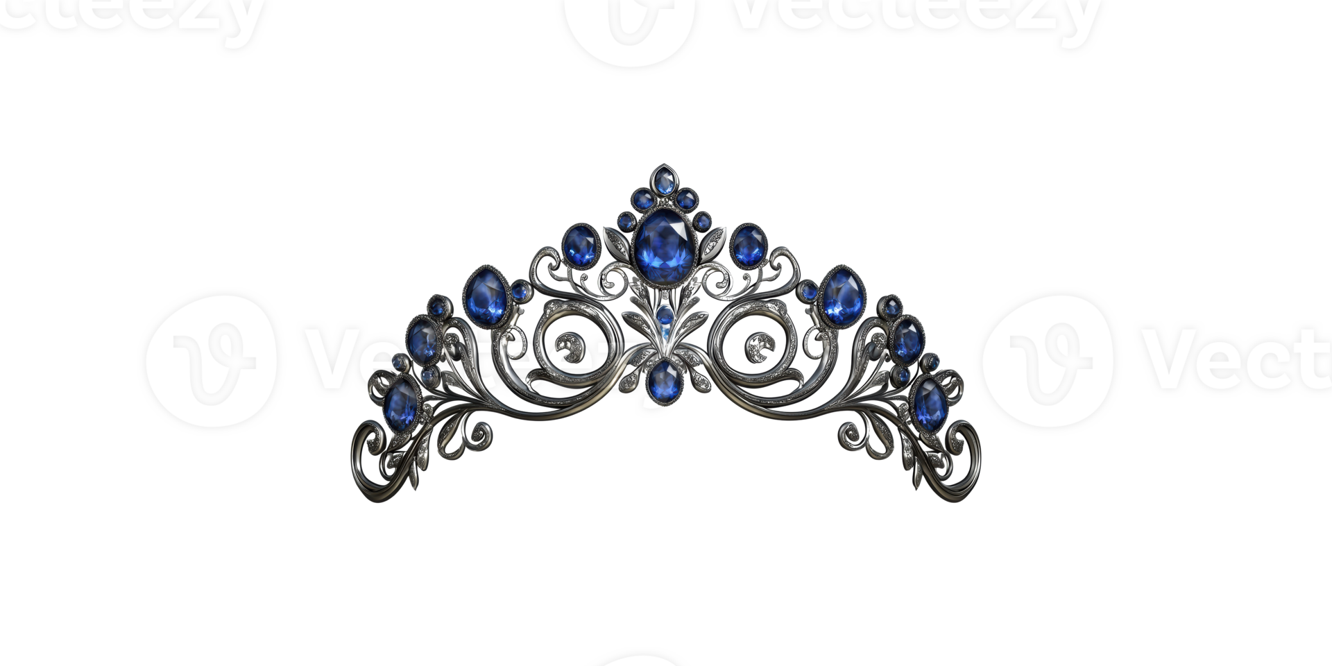 Ornate silver tiara with blue gemstones isolated on transparent background png