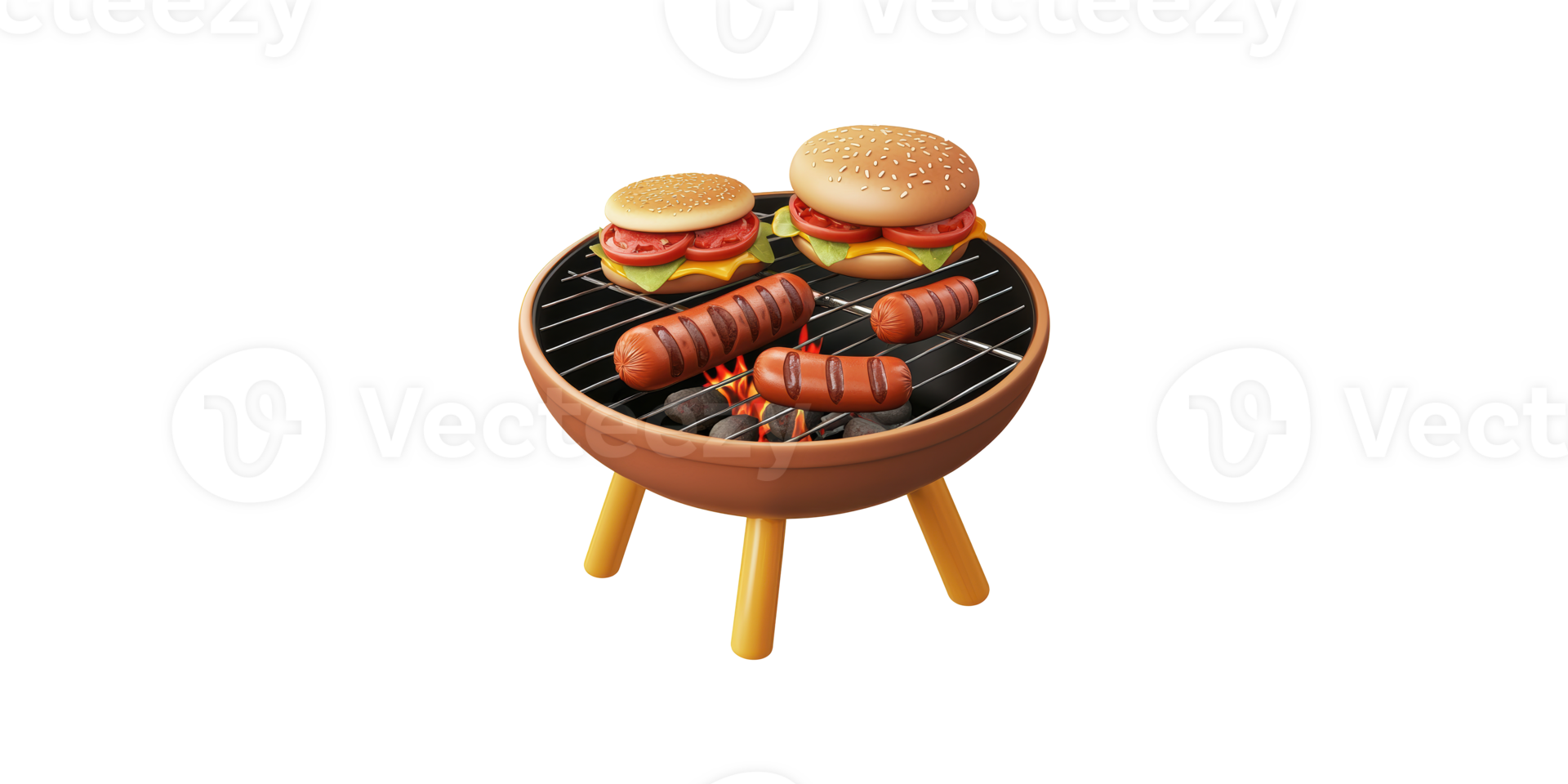Grill with burgers and sausages isolated on transparent background png