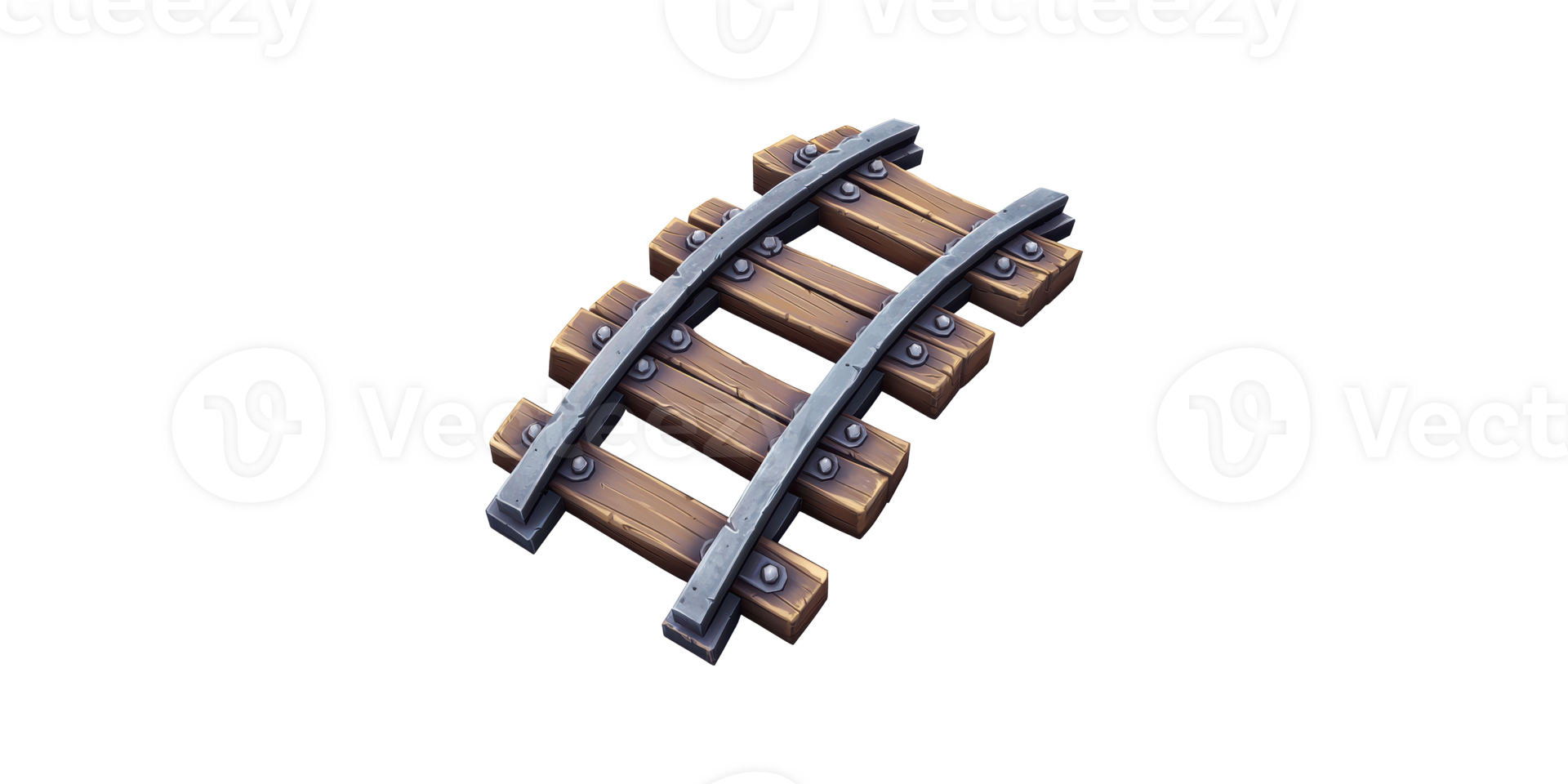 Curved wooden railway track with metal rails isolated on transparent background png