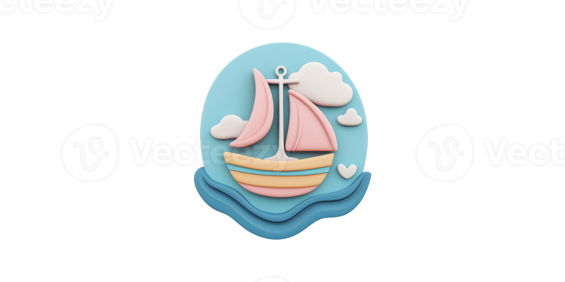 Pastel sailboat with clouds and waves isolated on transparent background png