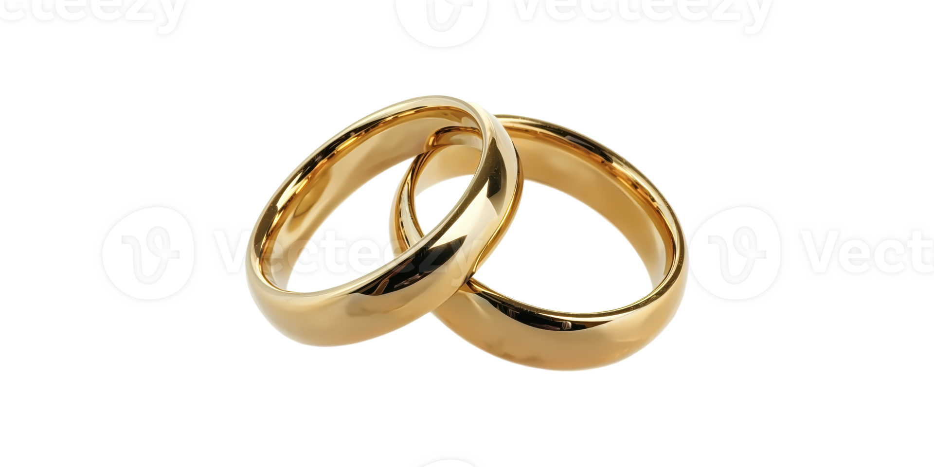 Two gold wedding rings interlocked isolated on transparent background png