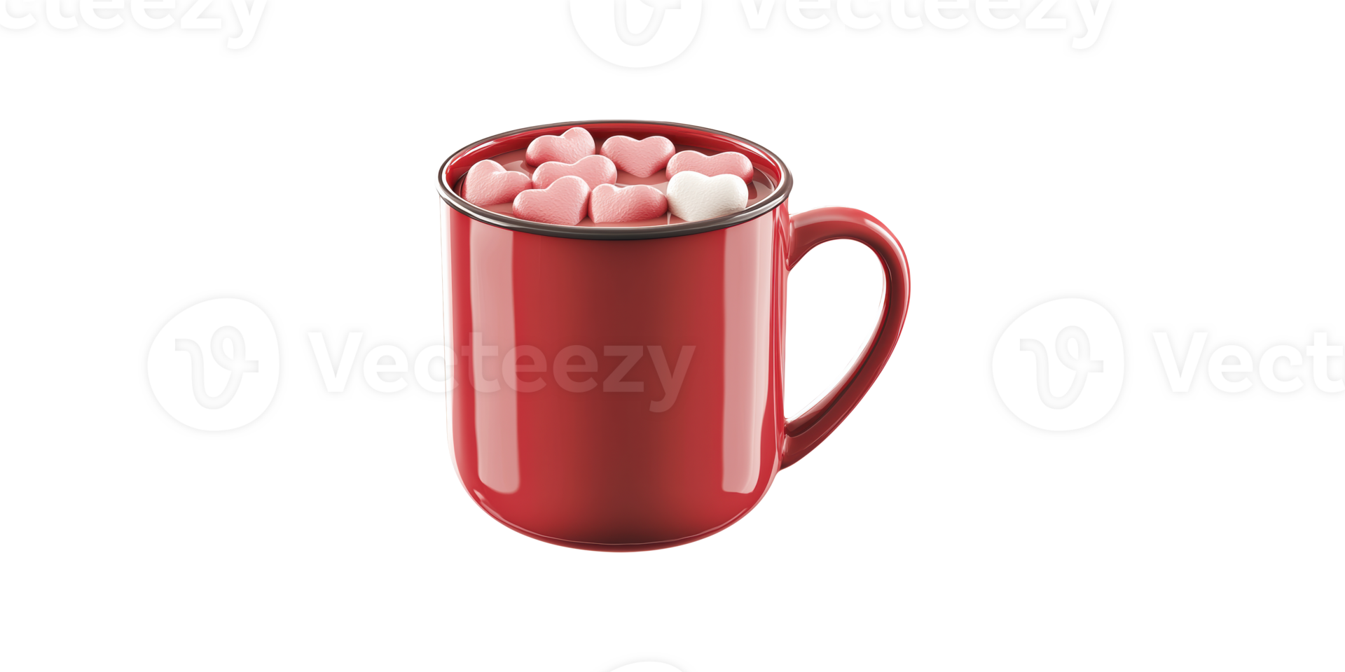 Red mug filled with heart-shaped marshmallows isolated on transparent background png