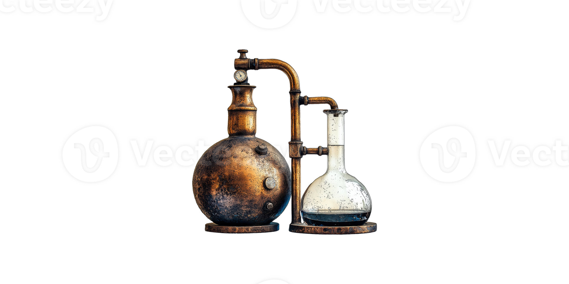Vintage chemistry apparatus with rusted metal and glass flask isolated on transparent background png