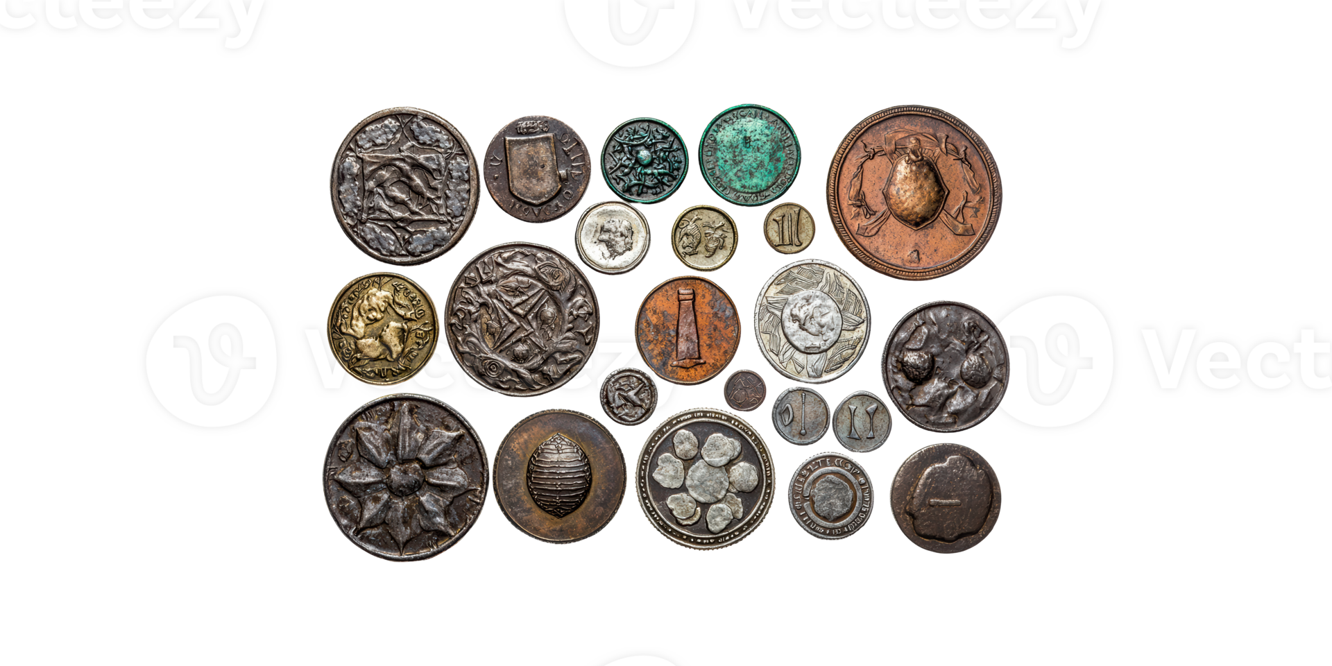 Assorted antique coins collection isolated on transparent background png