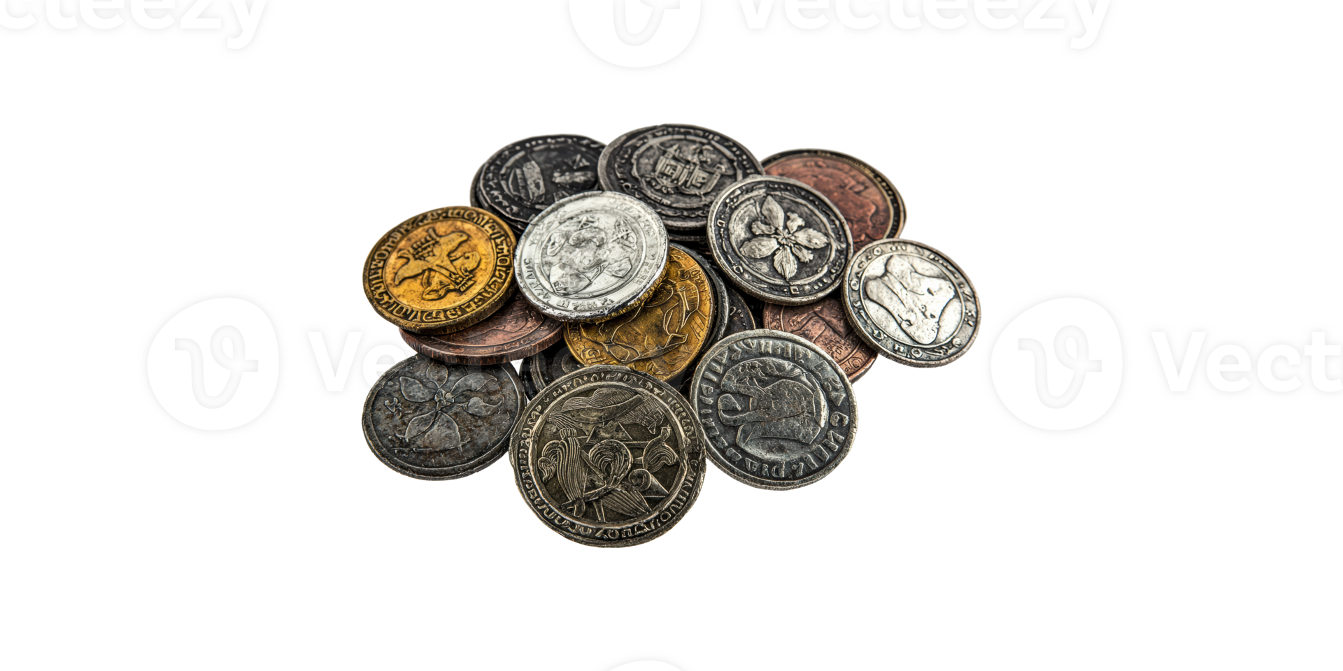 Assorted vintage coins pile isolated on transparent background png