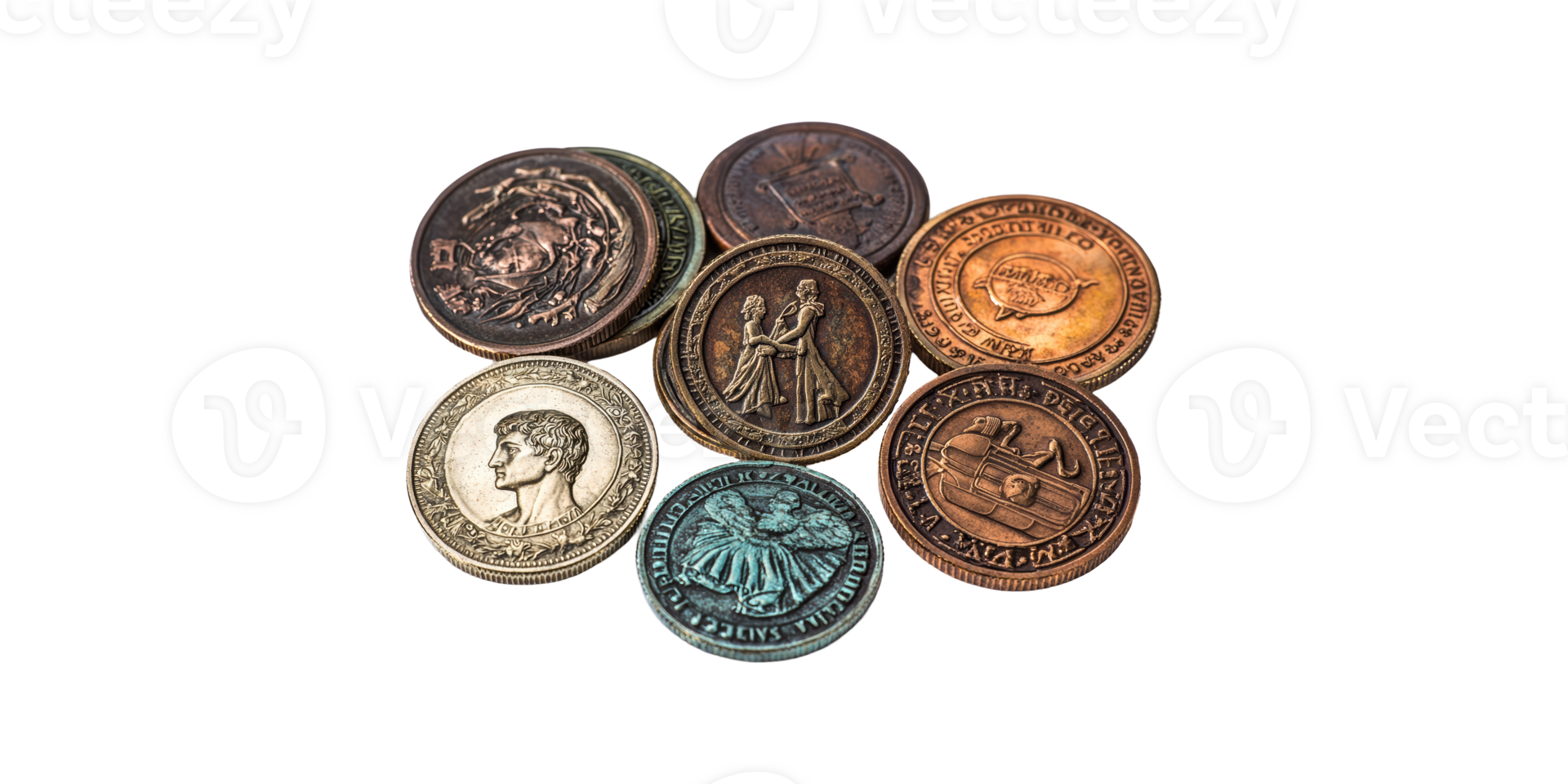 Vintage assorted coins collection isolated on transparent background png