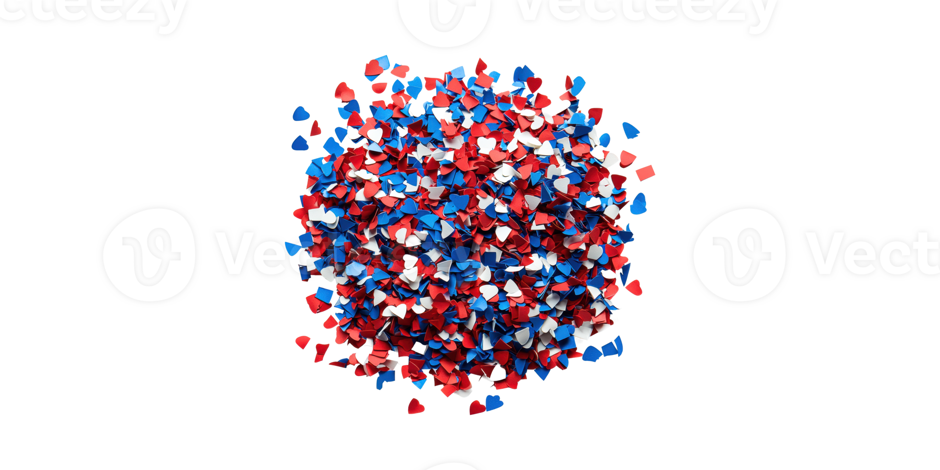 Red, blue, and white heart-shaped confetti pile isolated on transparent background png