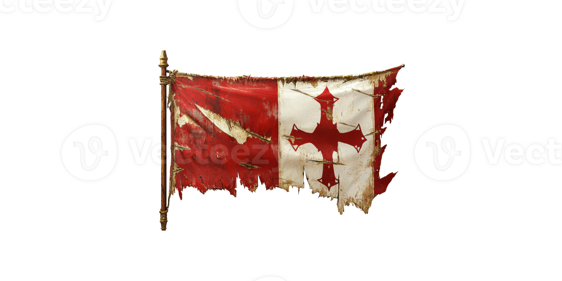 Tattered medieval flag with red and white design isolated on transparent background png