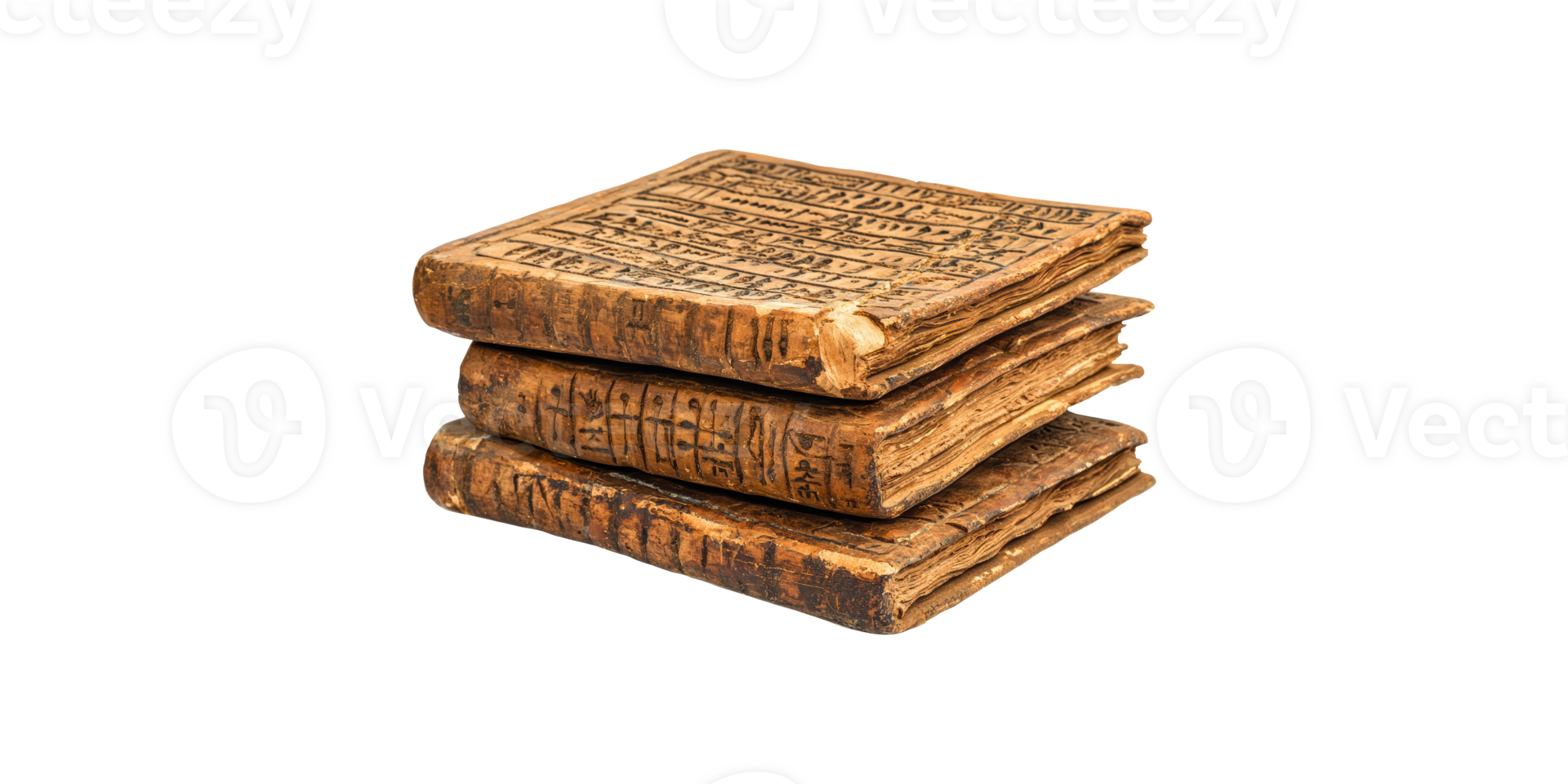 Stack of ancient books with hieroglyphs isolated on transparent background png
