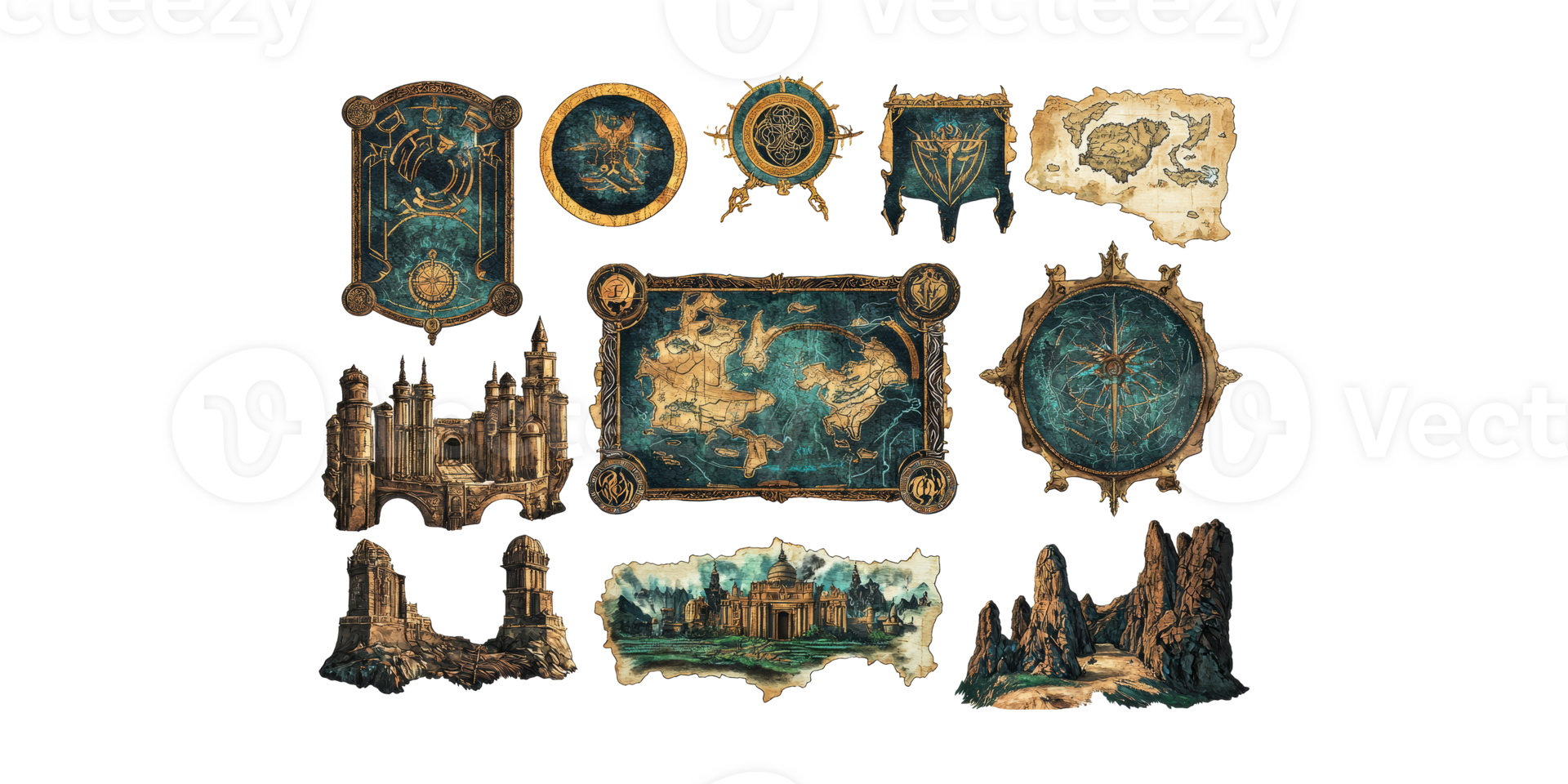 Vintage fantasy maps and castles collection isolated on transparent background png