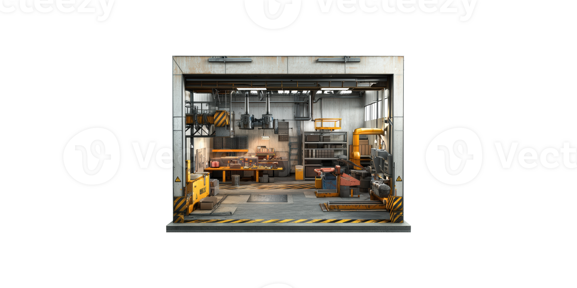 Industrial workshop with tools and equipment isolated on transparent background png