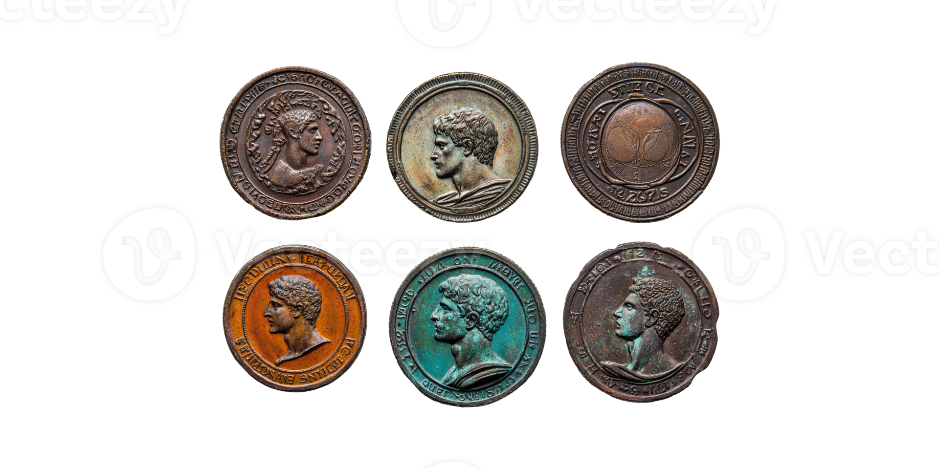 Ancient roman coins collection isolated on transparent background png