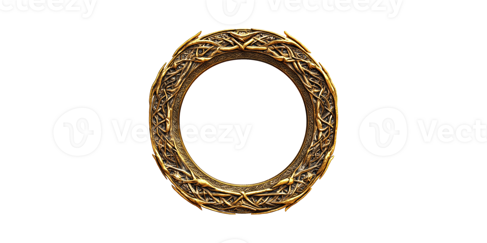 Ornate golden round frame with intricate patterns isolated on transparent background png