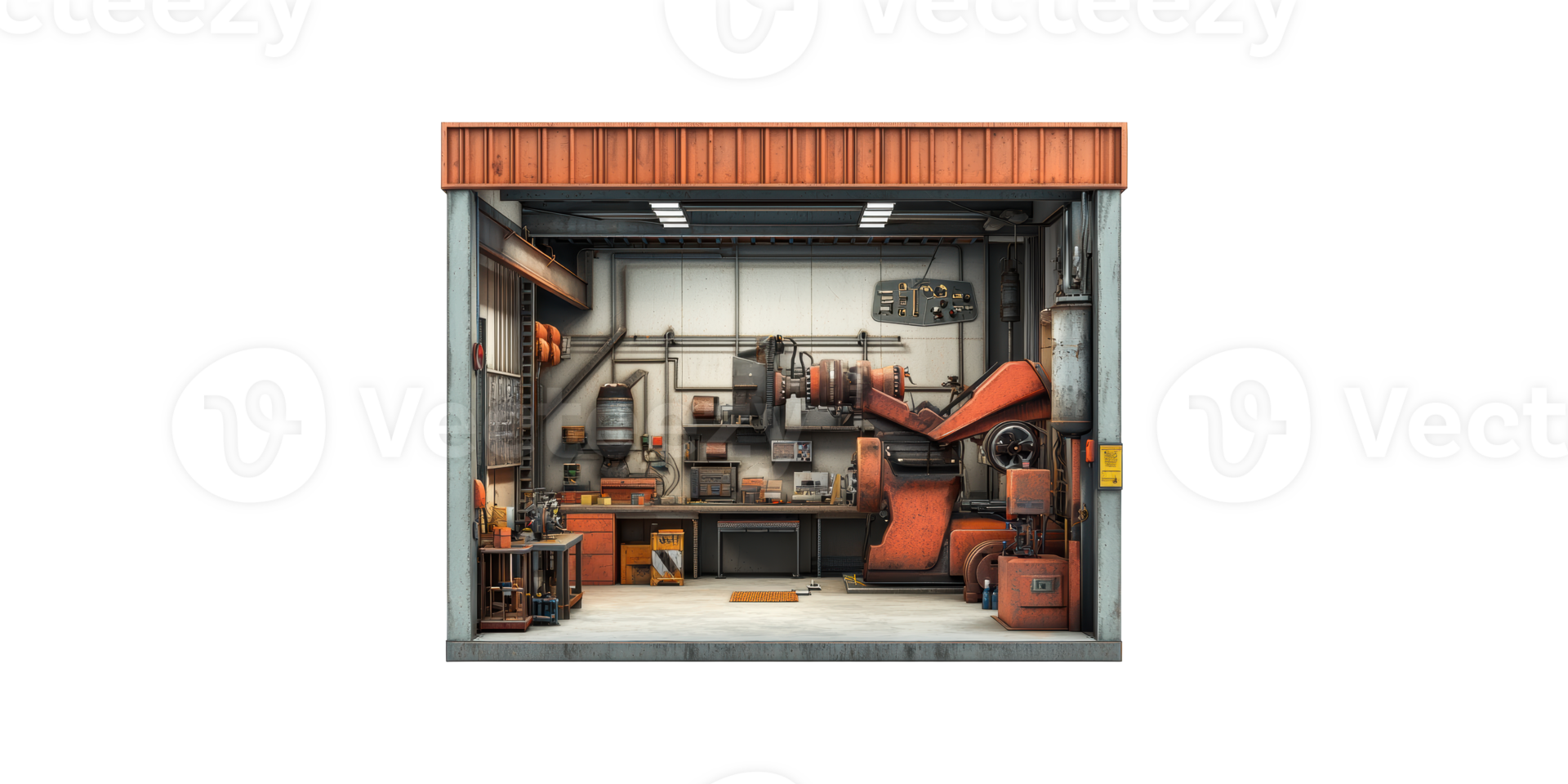 Industrial workshop interior with machinery isolated on transparent background png