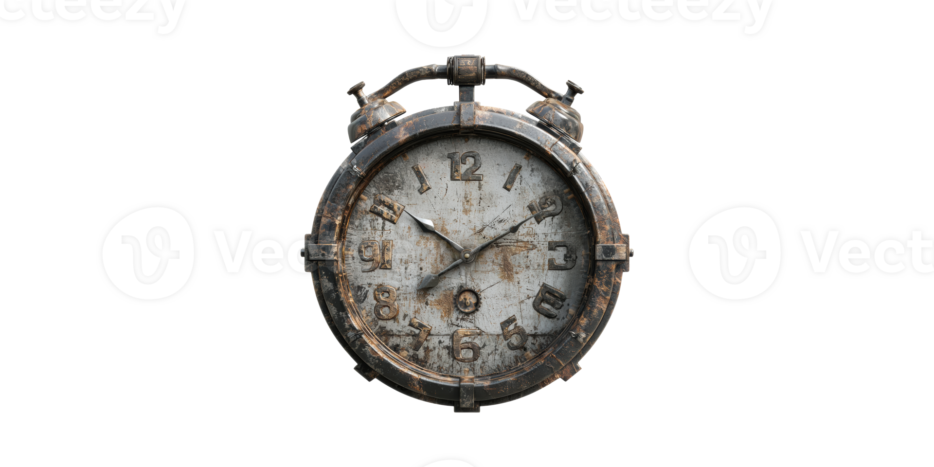 Rusty vintage alarm clock isolated on transparent background png