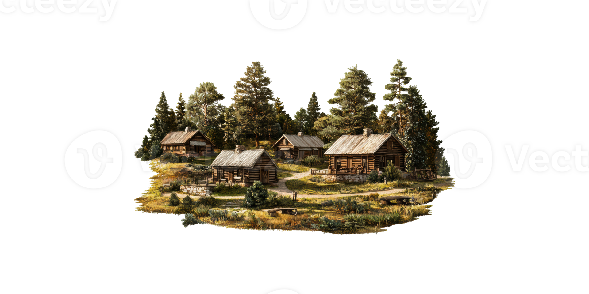 Rustic log cabins amidst pine trees isolated on transparent background png