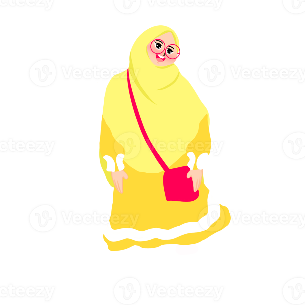 A cartoon woman in a yellow dress and red purse png